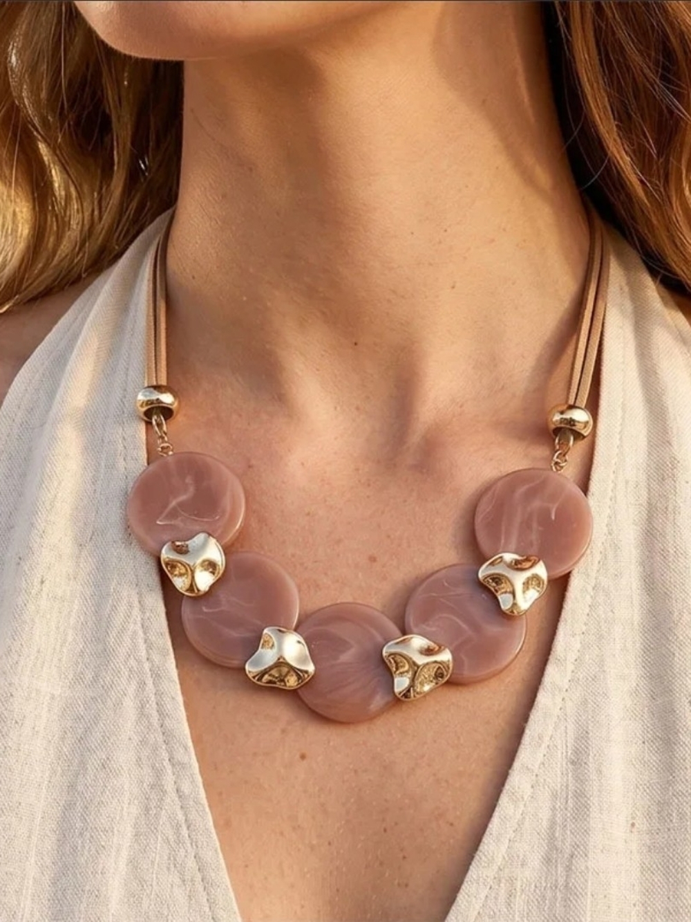 Elegant Blush Pink Statement Necklace with Gold Accents